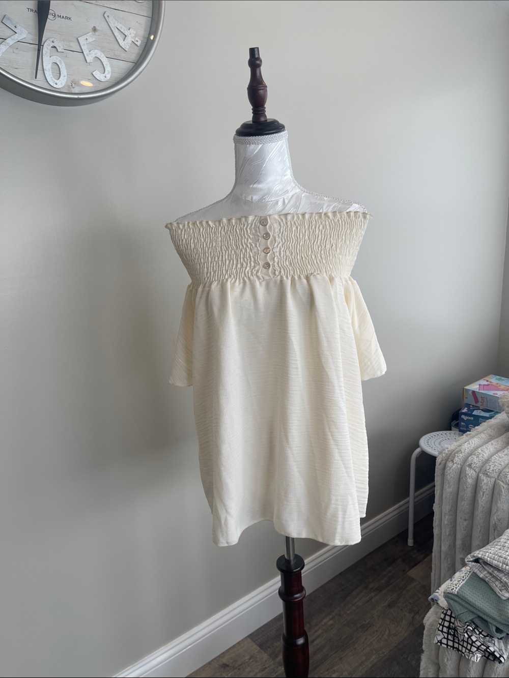 Ali Ro Cream Off-Shoulder Smocked Tunic